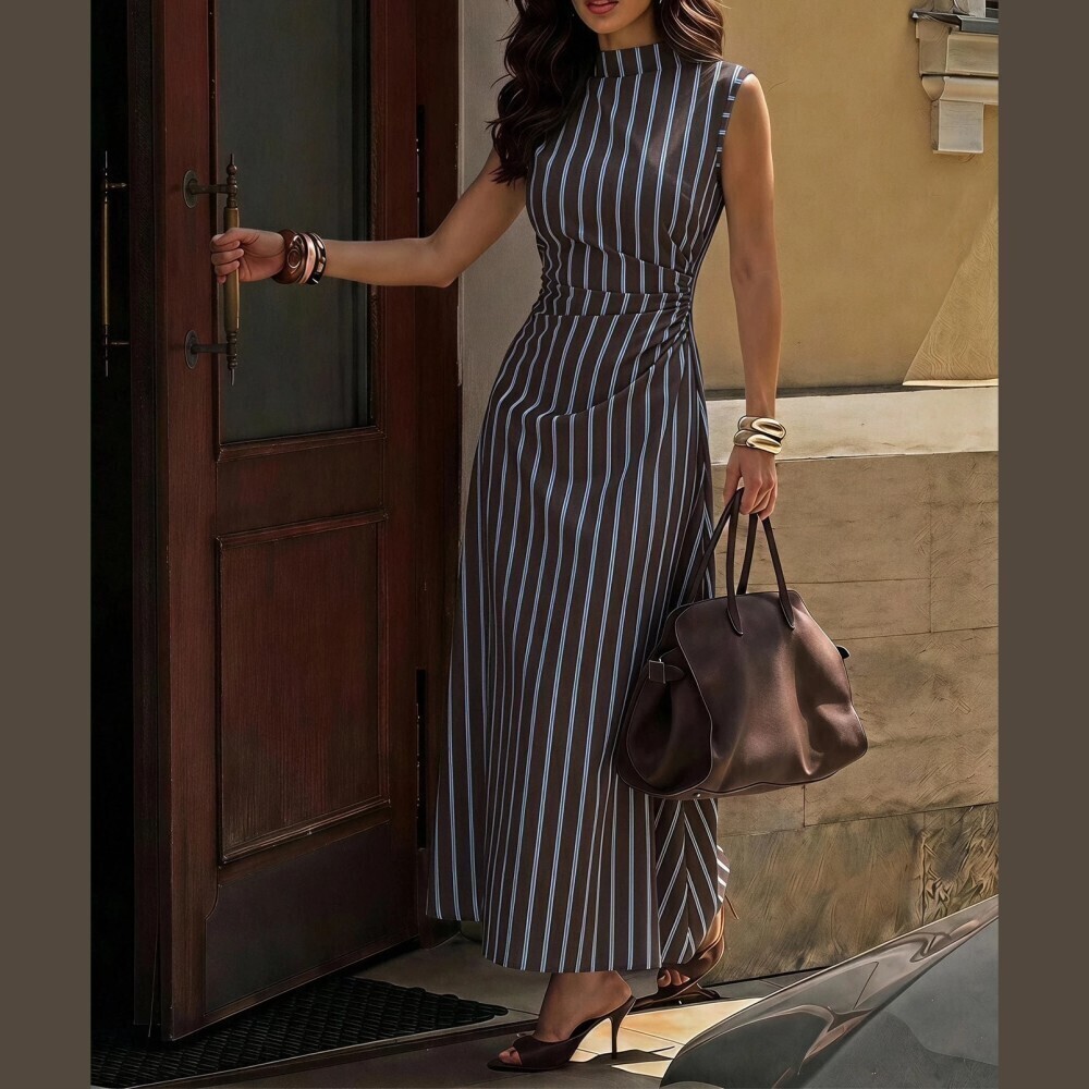 Brown Blue Striped Stand Collar Ruched Waist Sleeveless Maxi Dress